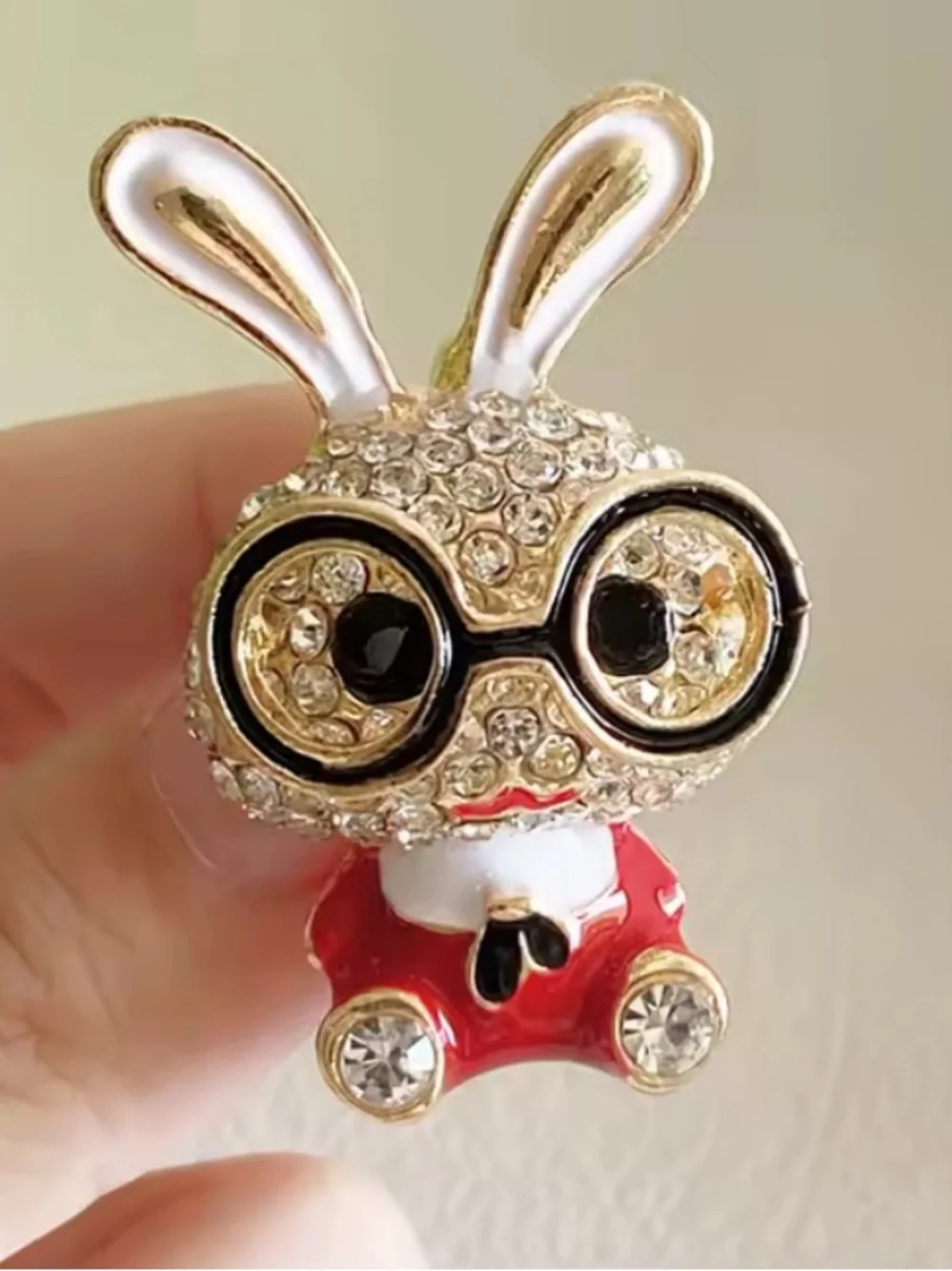 New! Anthropologie Gold-Tone Bunny Brooch with Red Enamel and Clear Crystals